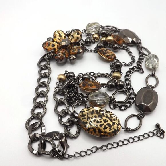 New York & Co. Multistrand Necklace, Animal Print Beads Side Floral Pendant, 20" - Picture 8 of 11
